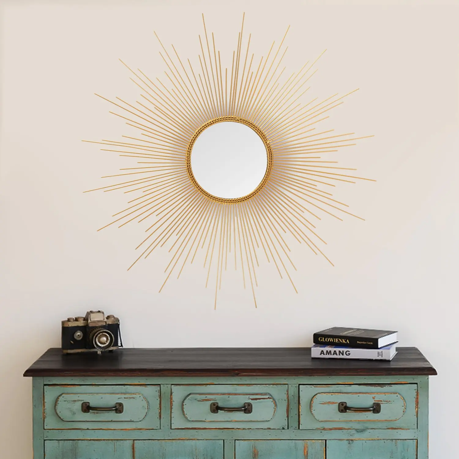 Round Decorative Antique Gold Metal Sun Hanging Mirror Sun Shaped Wall