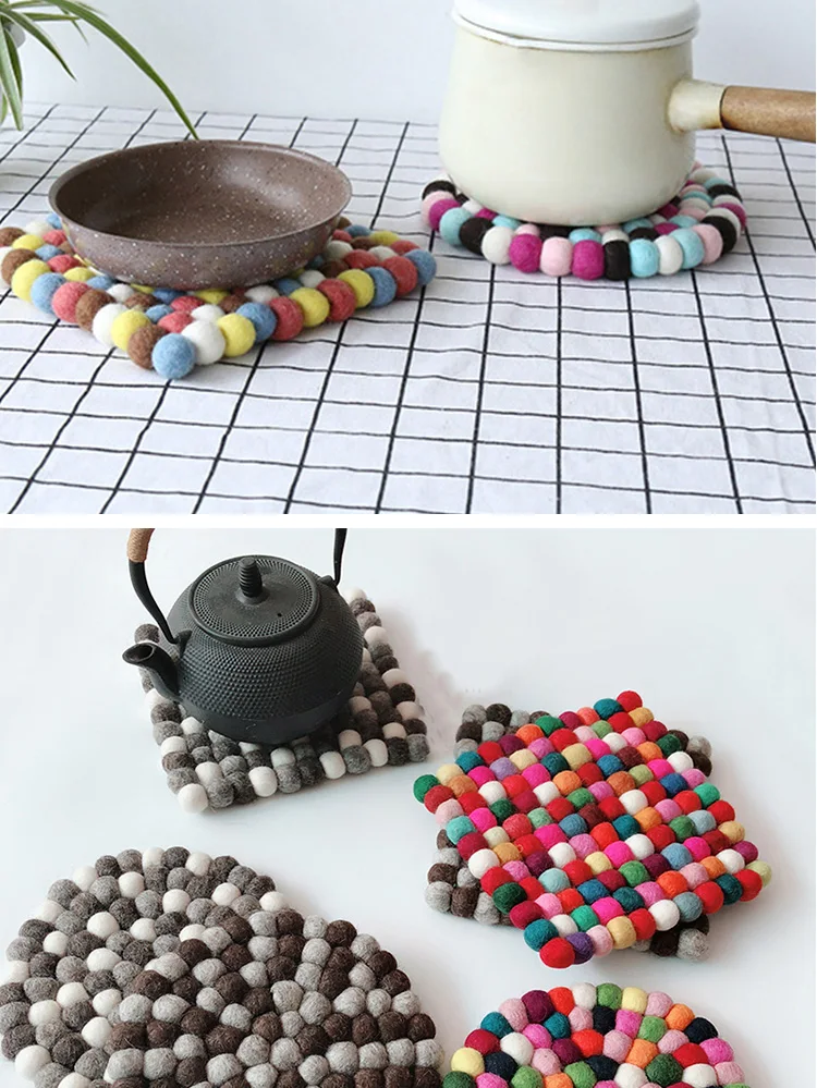 Handmade Colorful Wool Felt Balls Coasters Placemats Absorbent Mat For