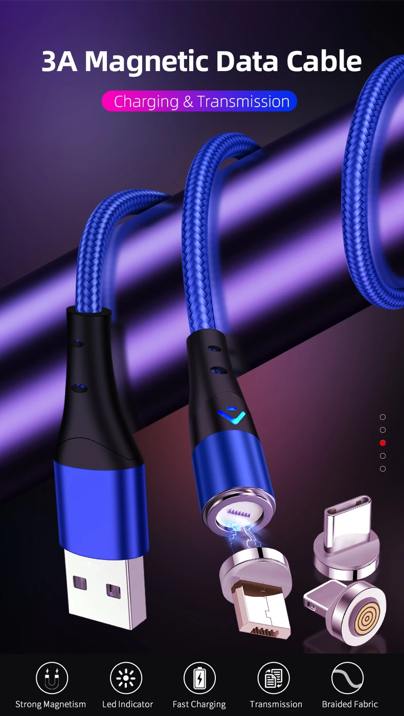 2020 new design wholesale on stock micro usb cable led magnetic charging cable cell phone accessories 3 in 1 magnetic usb cable