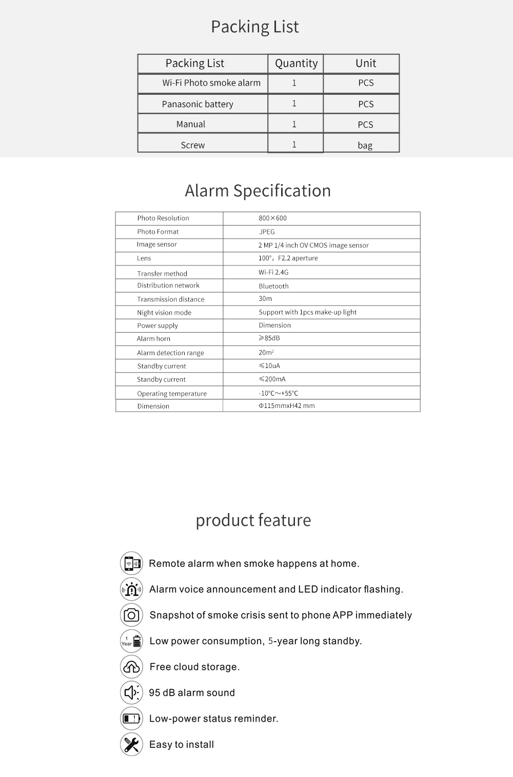 wifi wireless zigbee photo cam smoke fire hotel cigarette portable smoke detector alarm system with build-in battery - ANKUX.COM