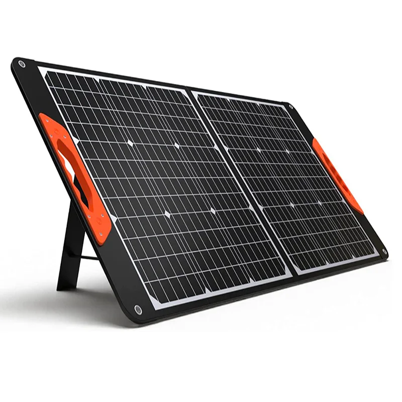 Side-by-side comparison of three 100W foldable solar panels showing hinge construction, port placement, and weight labels