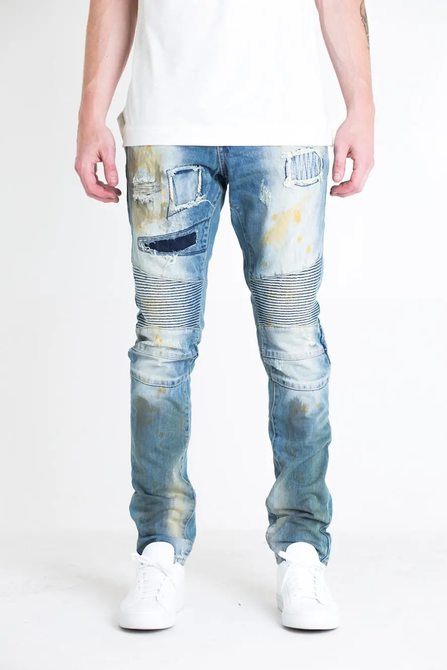 DiZNEW factory OEM urban new style men skinny jeans ripped  wash patches ugly city biker rock mens jeans manufacture