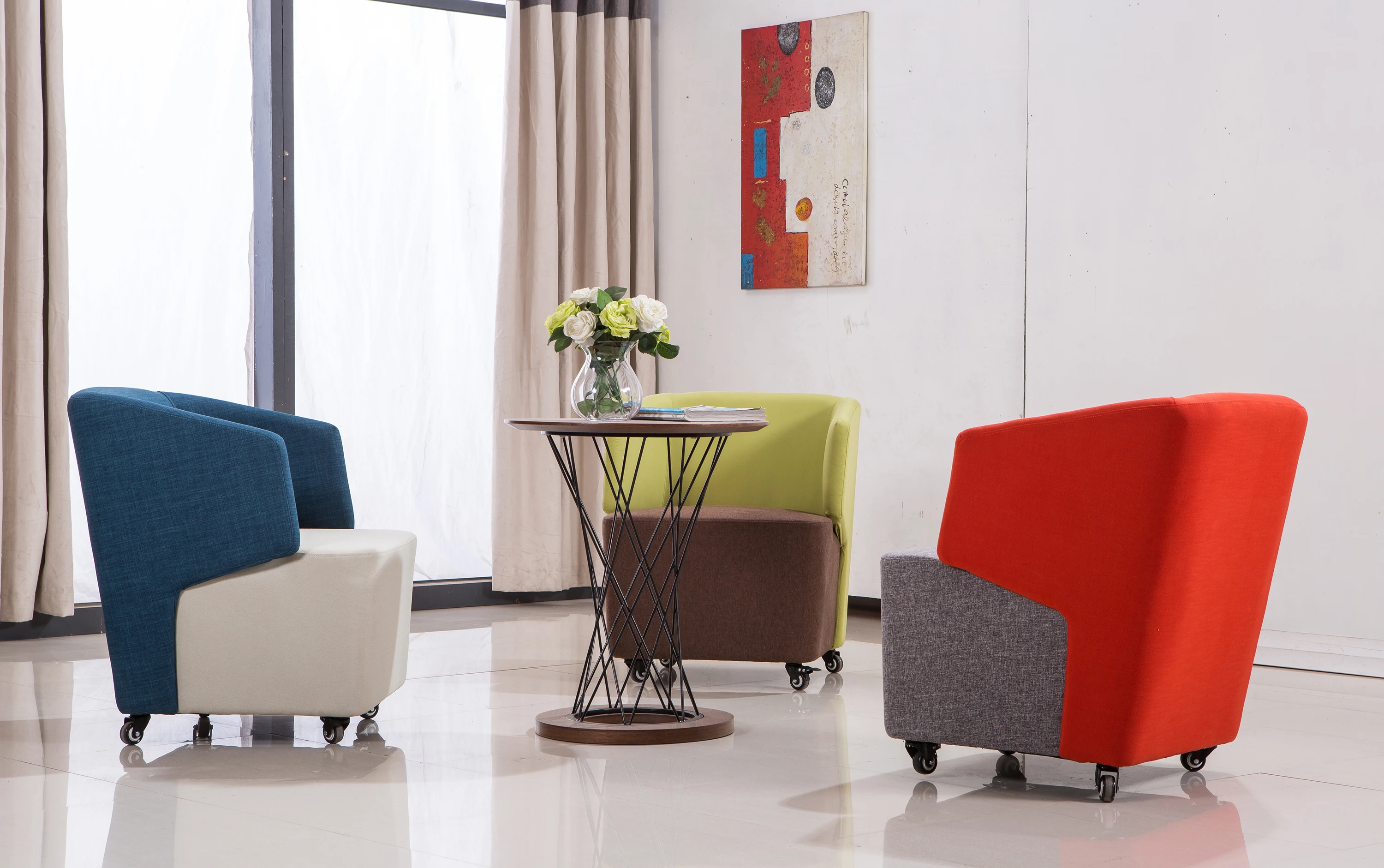 绿地家具接待椅便宜的办公室等候室休闲椅现代带锁轮817-50