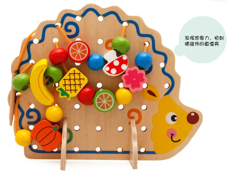 2019 Wooden Fruits and Vegetables Lacing & Stringing Beads Toys with Hedgehog Board for Above 3 Years Old Kids Educational Toy