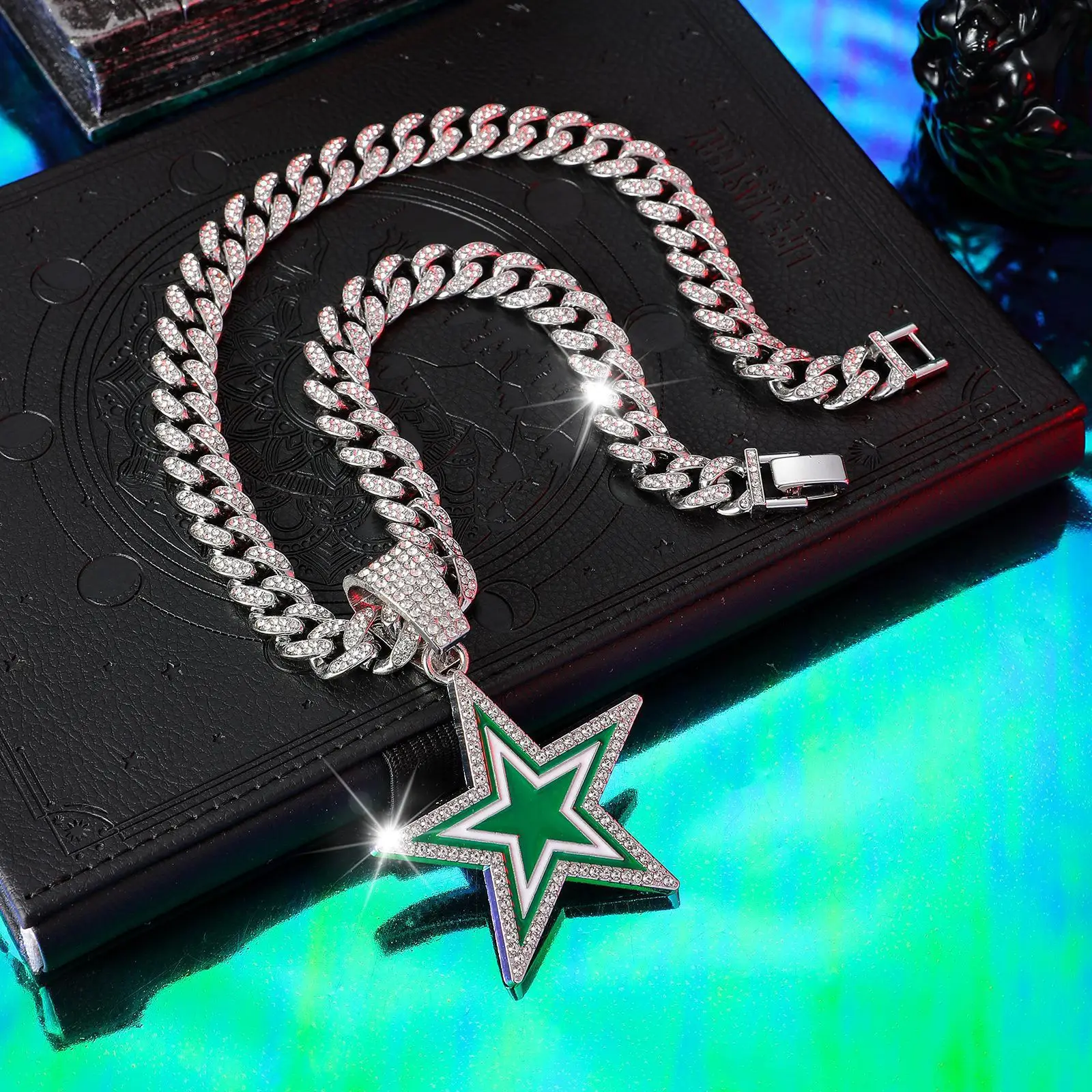 product european american style full diamond blue five pointed star pendant necklace fashionable hip hop design for men women for gift-22