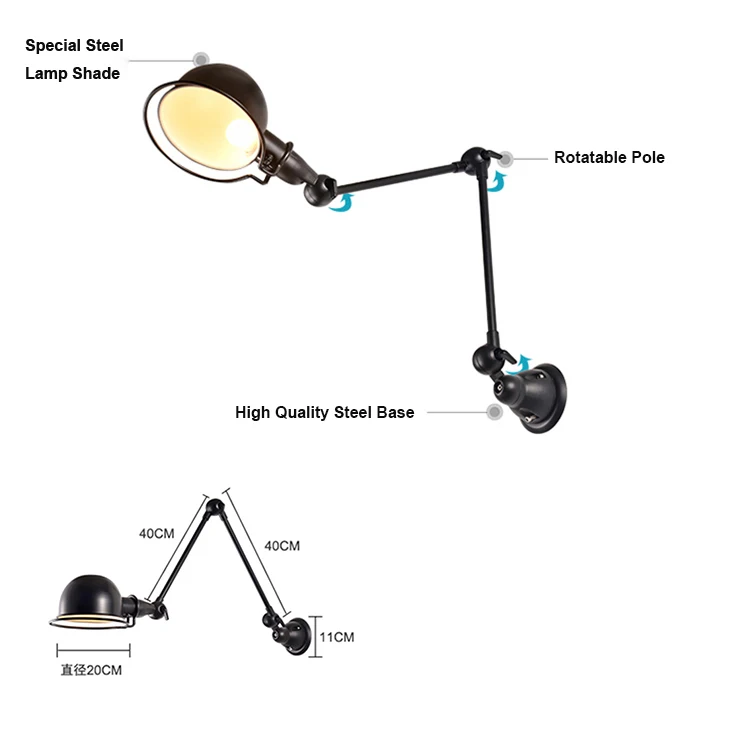 High Quality light fixtures industrial loft style lamp bedside E27 led wall light adjustable