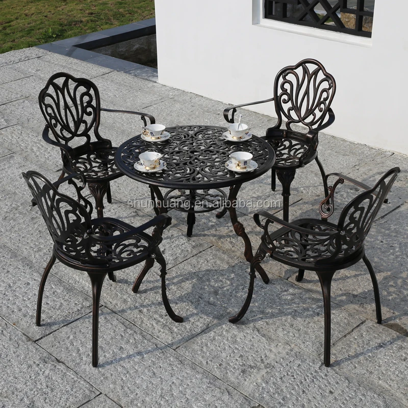 Waterproof Outdoor Metal Furniture Cast Aluminum Dining Set Armrest Chair Round Table Outdoor