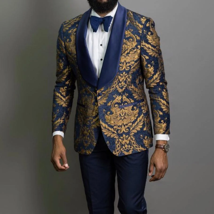 Navy and Golden Jacquard Tuxedo Suit for Men with Matching Women's Dress -  Perfect for Weddings and Formal Events.