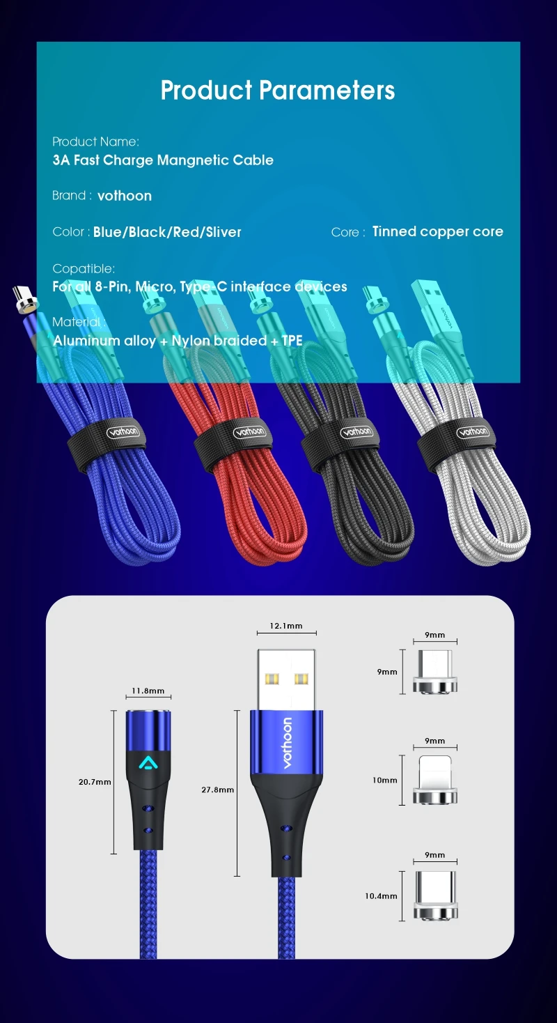 360 Rotation Nylon Braided 3A Magnetic Data Cable for Samsung Type C Cable 3 in 1 Magnetic Charging Cable Micro USB Data Line - ANKUX.COM