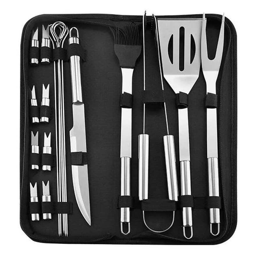 Complete BBQ Grill Tool Set Stainless Steel Barbecue Grilling Accessories Case 