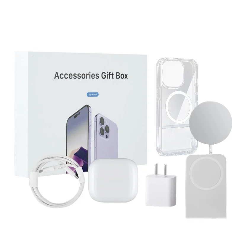 6-in-1 tech accessory gift set laid out: USB-C hub, braided cable, SIM tool, stylus, earbud case, and compact adapter