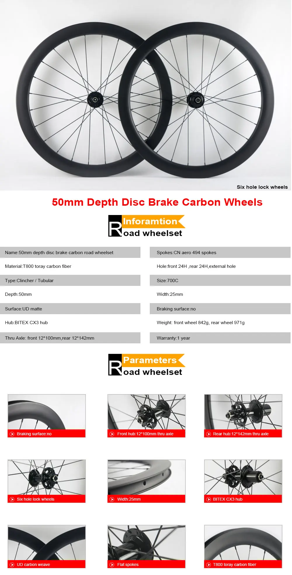 700c Carbon Road Disc Wheels Clincher Tubular 50mm Disc Bicycle 