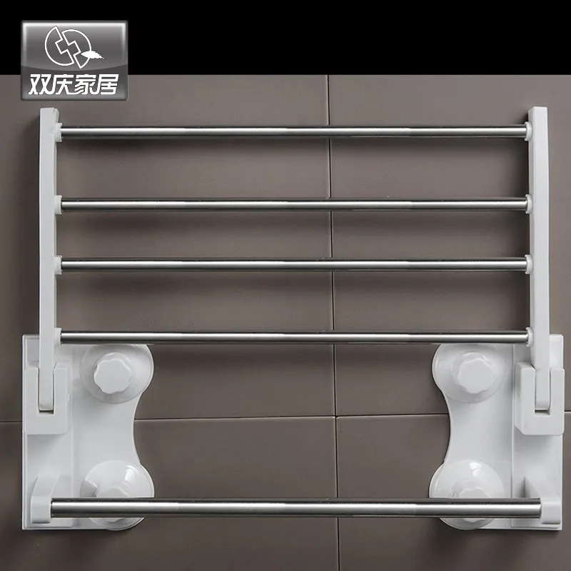 40CM Multi-function  Suction Cup Bathroom Shelf  Folded Towel Bar Holder with  Hooks Wall Mounted