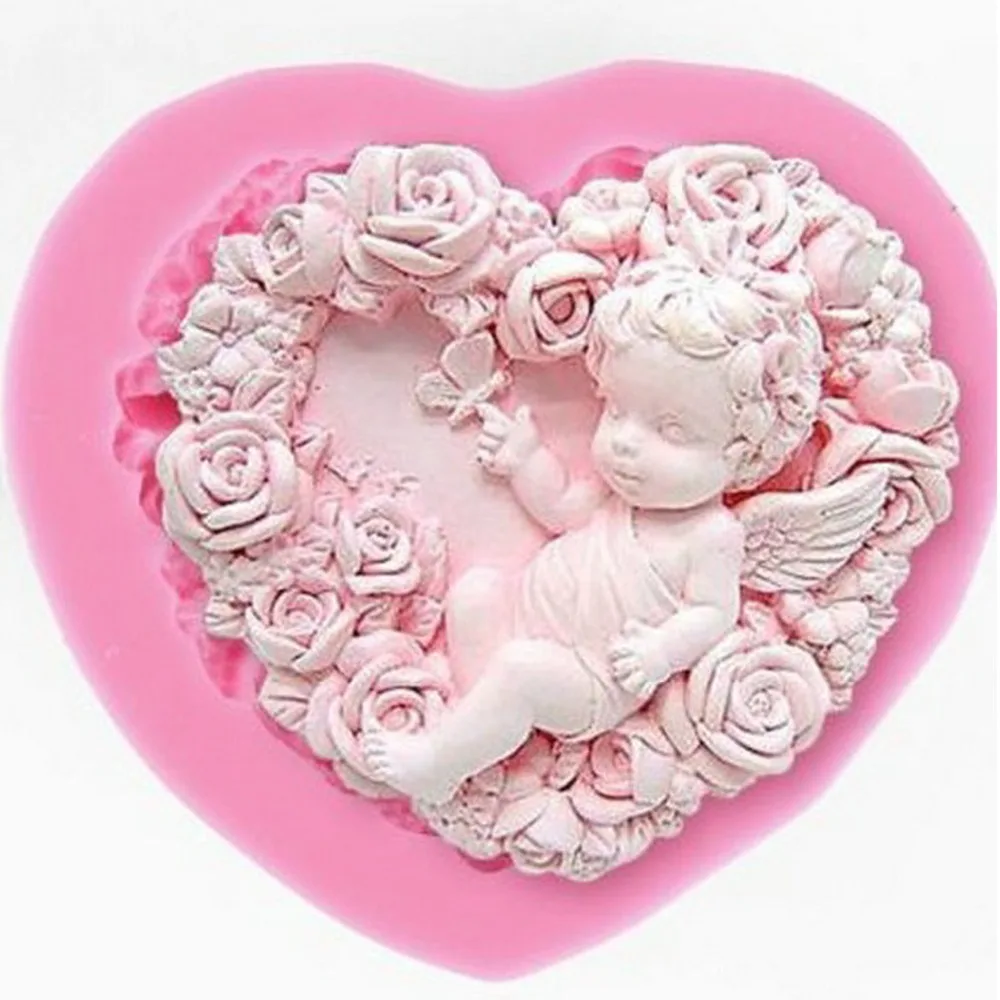 outil de décoration de gâteaux Gummy faite à la main Savon Moule argile Argile de résine Moule à la fabrication de bougies souple 3d Rose Ange en forme de cœur Moule à Cake en Silicone 