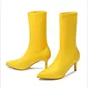 P1389 Winter Autumn Spring Candy yellow red blue High thin Heel plus 41 42 43 size Sexy Feet Women Ladies Half Boots