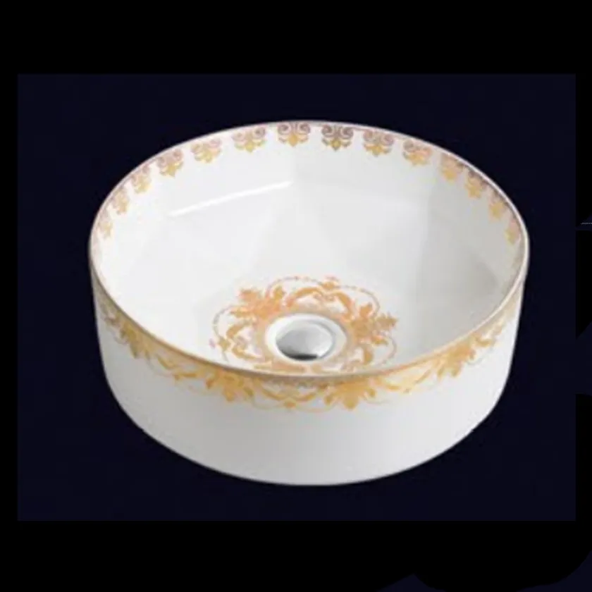 Modern Style Hand Painted Flower Design Round Golden Ceramic Vanity Sink