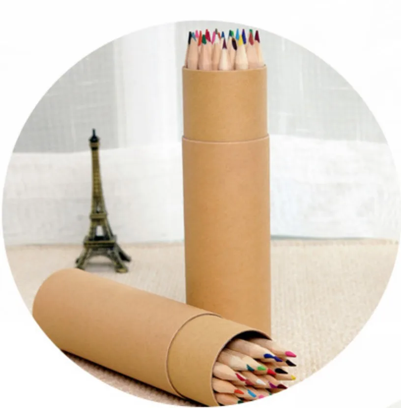 Customize Pattern 12 In 1 Wood Colored Pencils Cases Craft Paper Tube 7 Inch Color Pencil