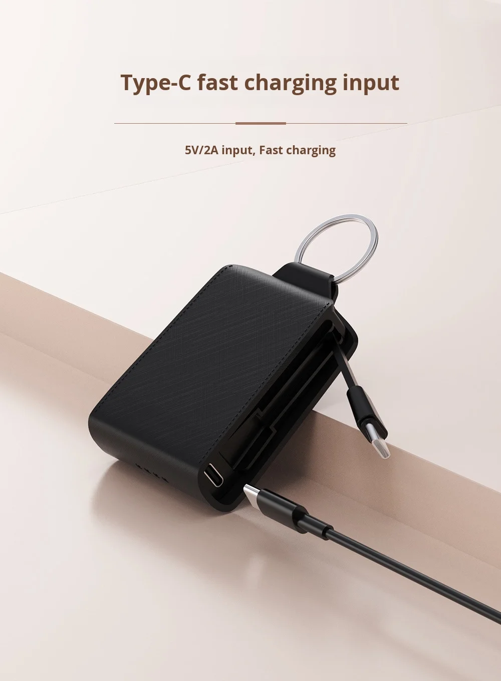 Mini Keychain Emergency Power Bank with 5V Output New Portable Mobile Handbag Leather Case Type-C Input Interface Built-in Cable