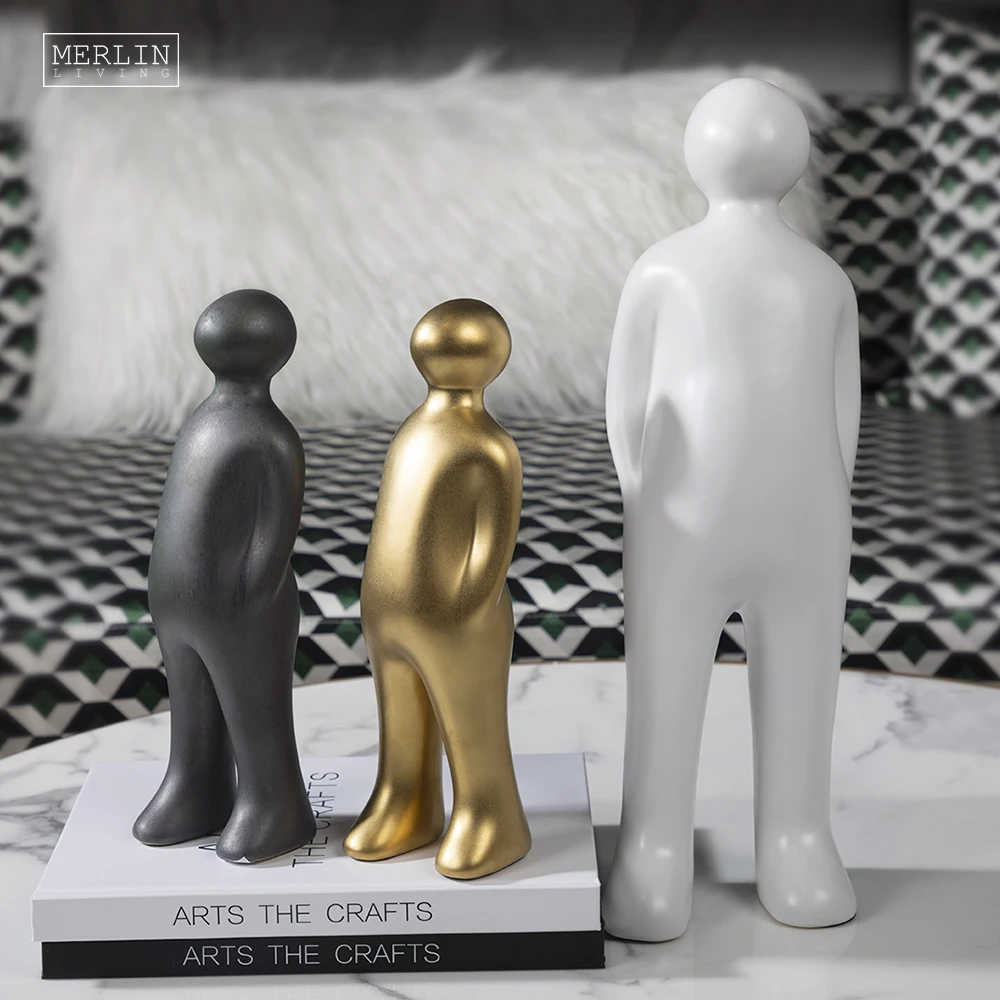 White Ceramic Human Figure Sculpture Art Figurines Gold Statue Office
