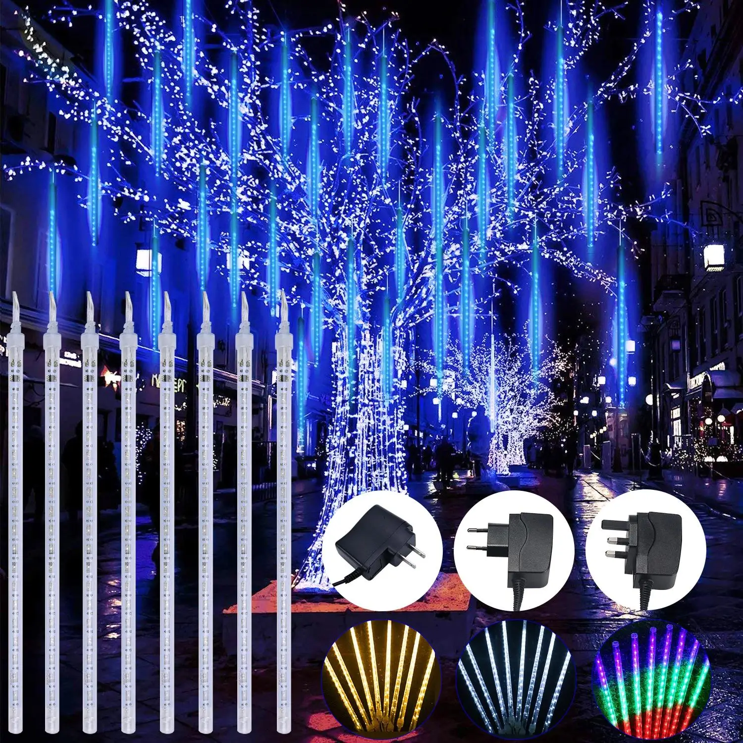 Christmas Meteor Shower Rain Lights, 8 Tube 30cm, In Falling Rain Fairy LED String Lights, Holiday Party Home Outdoor Decoration