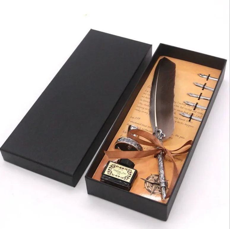Details about   Feather Pen Set Vintage Advertising Gift ink Metal Birthday Gift Box 5 Nibs 
