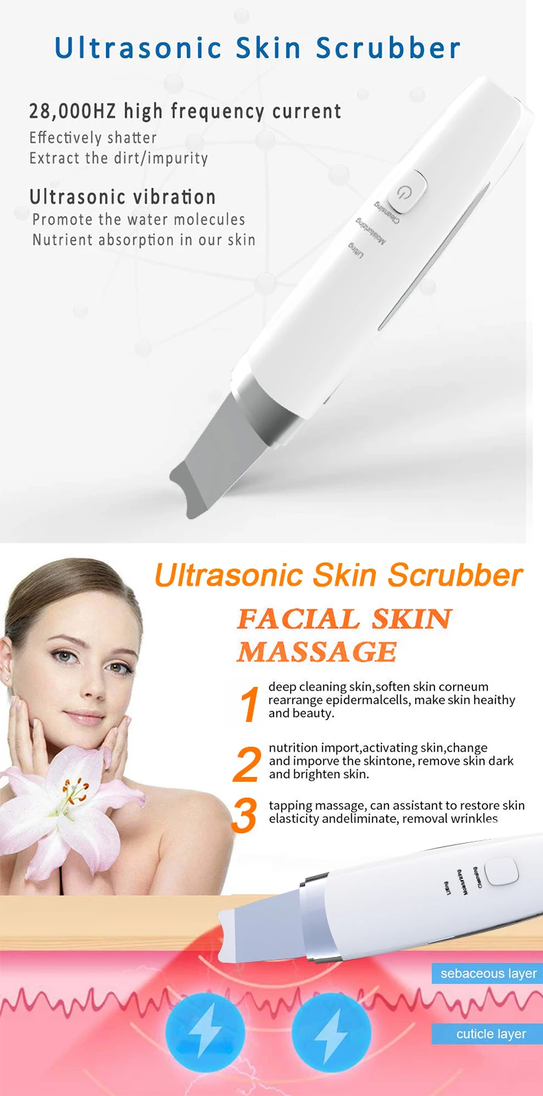 Ultrasonic facial skin scrubber USB rechargeable shock removing blackhead skin scrubber