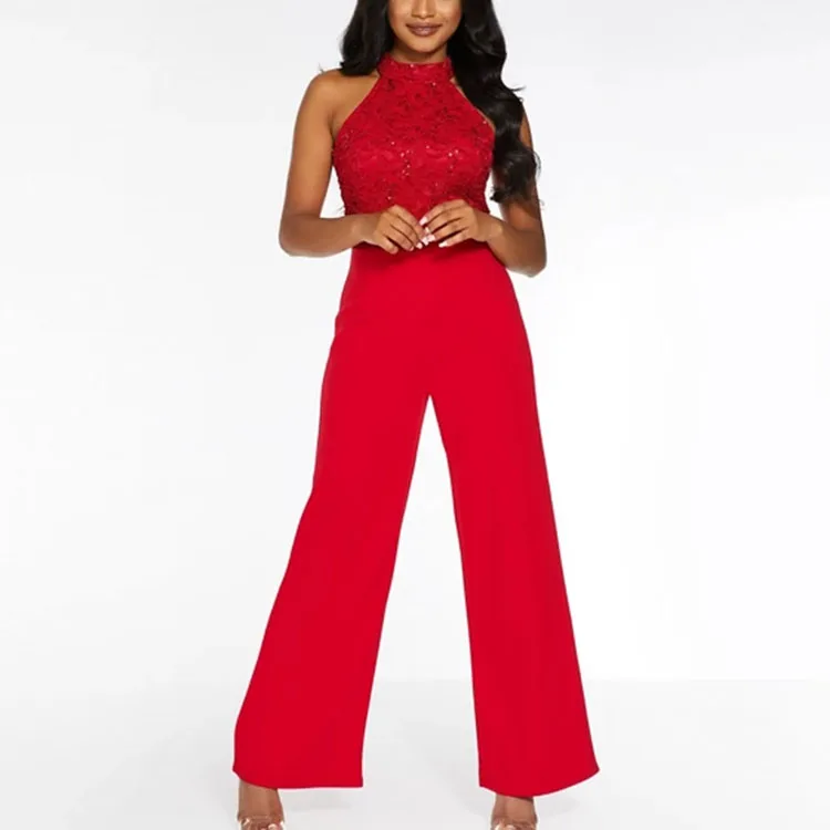 Jumpsuits Women 2019 Petite Red Sequin Lace Halter Neck Sexy Evening