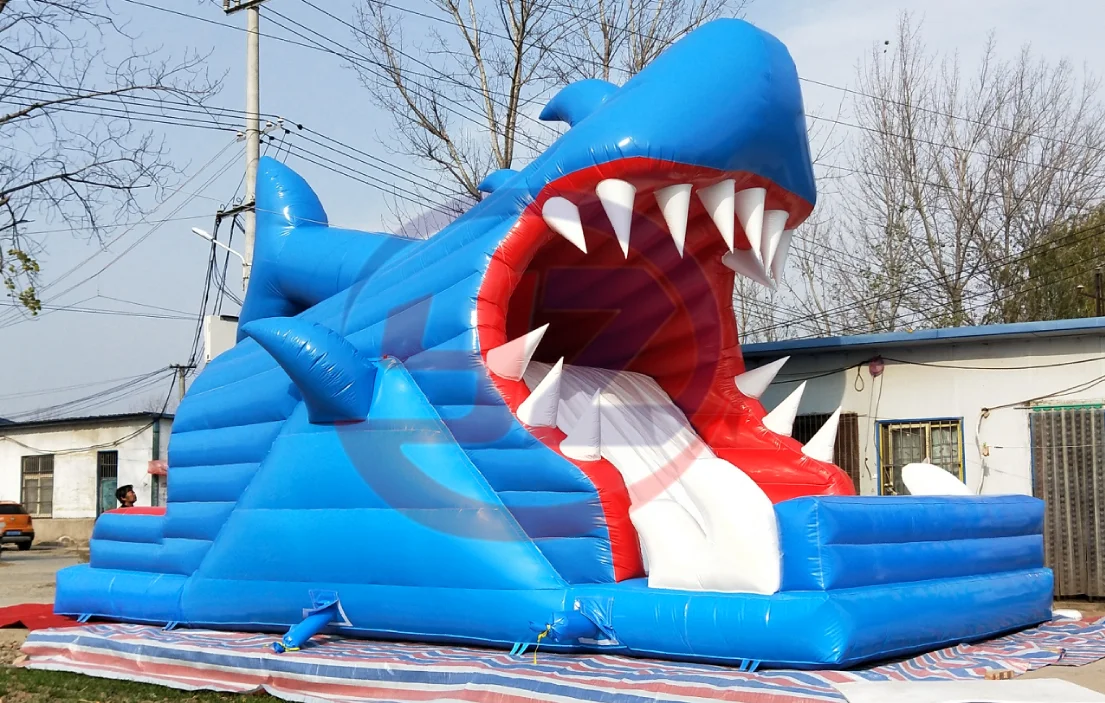 新的蓝色充气鲨鱼幻灯片出售
