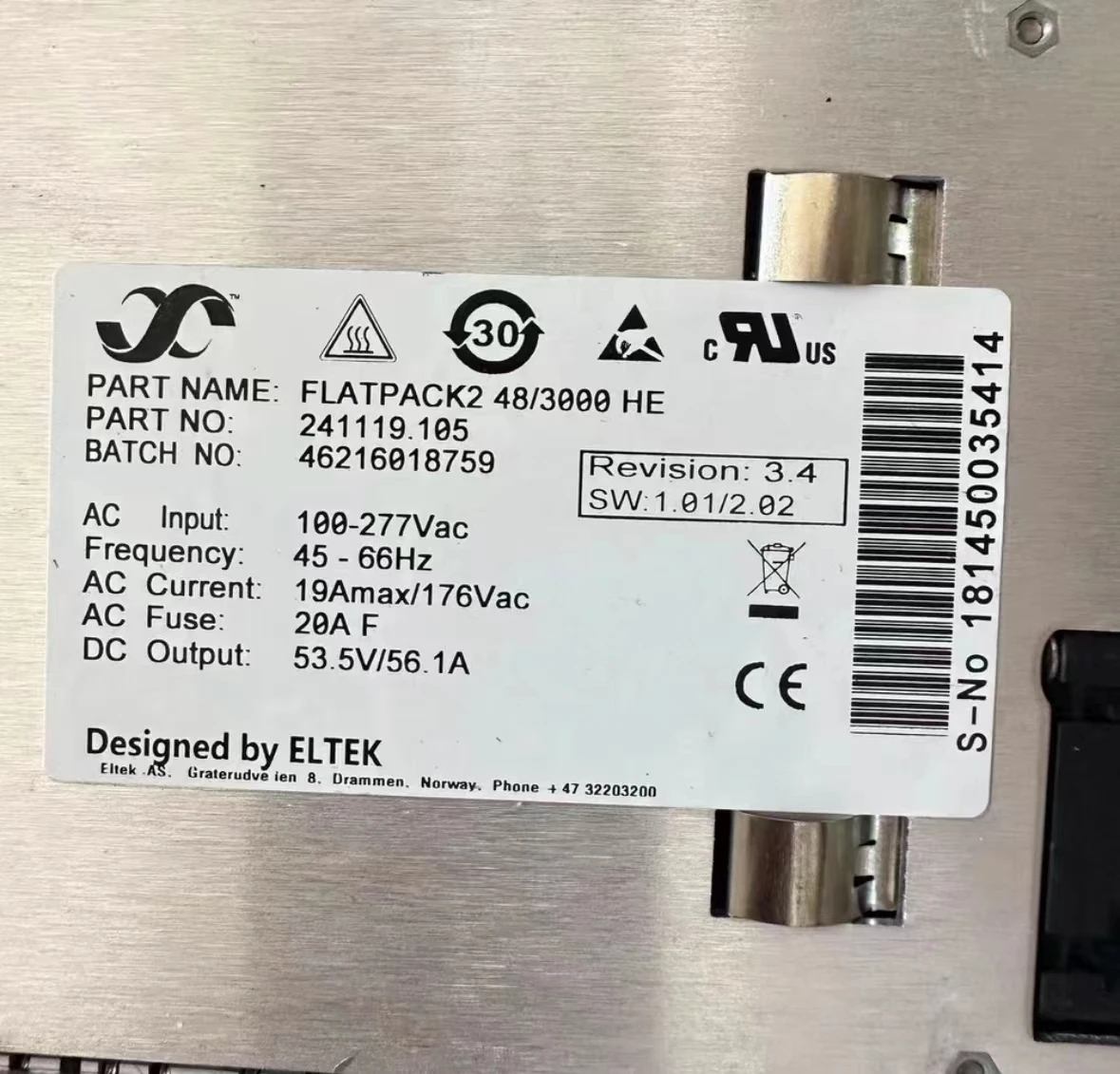 Eltek Flatpack2 48v Rectifier Flatpack2 48/3000 He 60a Telecom Power ...