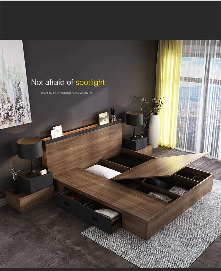 New bedroom set modern adult walnut color bed with storage luxury furniture bedroom bed with mattress