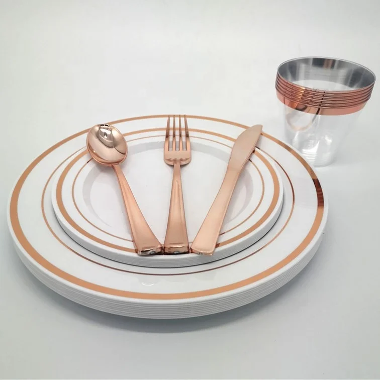 150pcs Golden Plastic Plates Dinnerware Set With Disposable Plastic