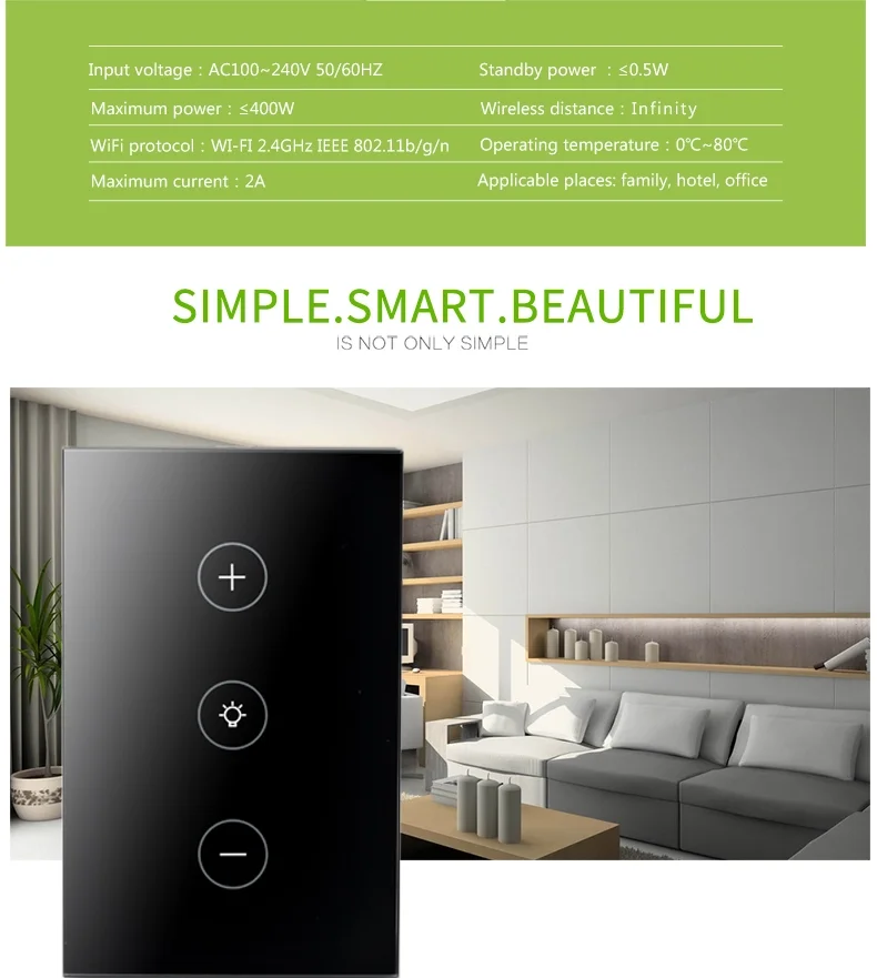 2020 Google Smart Home Tuya WiFi Light Touch Panel Remote Tempered Glass Wireless Smart Dimmer Switch