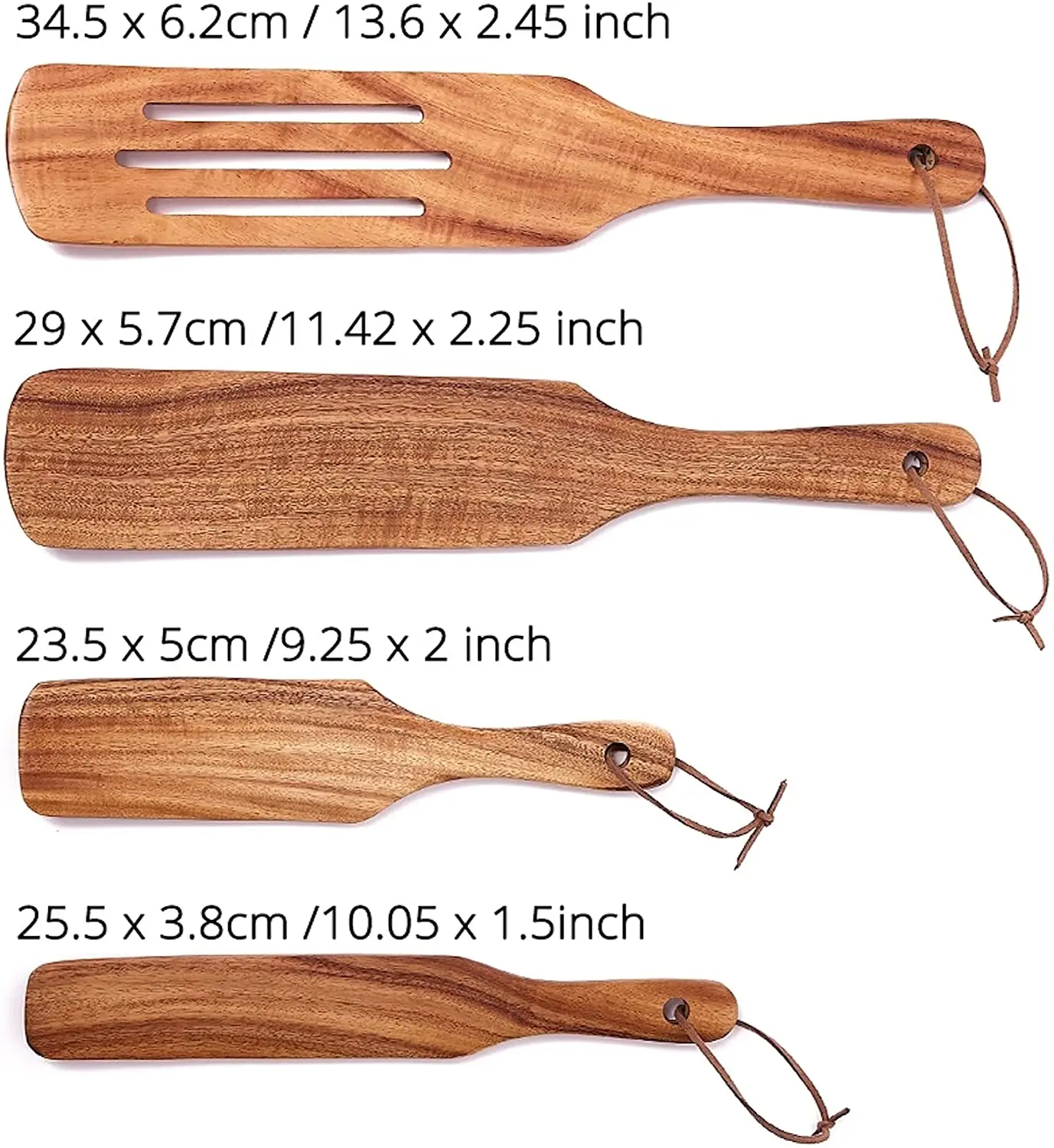 Teak Wood Spurtle Set With Pu Leather Strings,Pack Of 4 Wooden Utensils