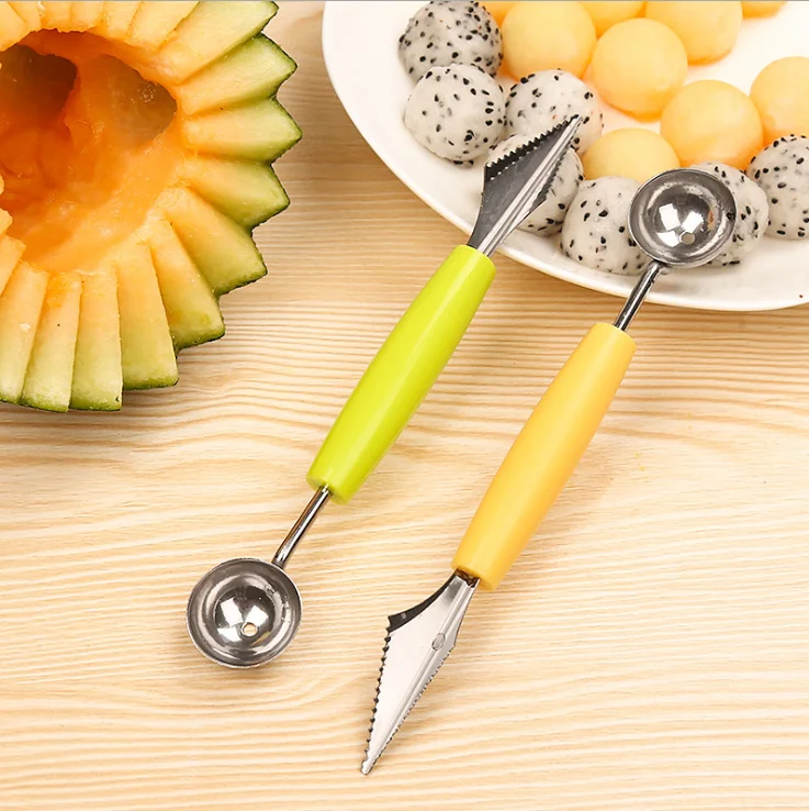 Double head stainless steel fruit digging ball spoon corrugated carving knife for watermelon fruit platter