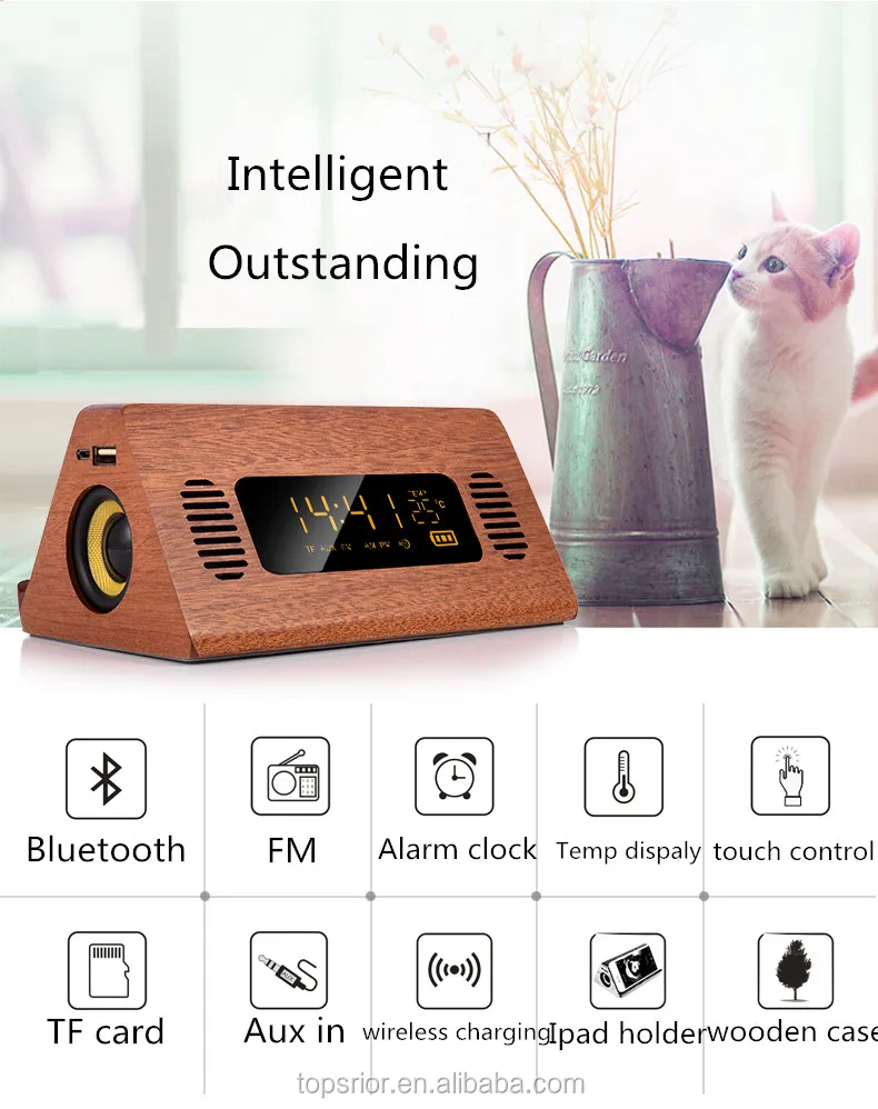 2019 new design power bank version wooden bluetooths speaker with alarm clock, wireless charger and LED TEMP display function - ANKUX.COM