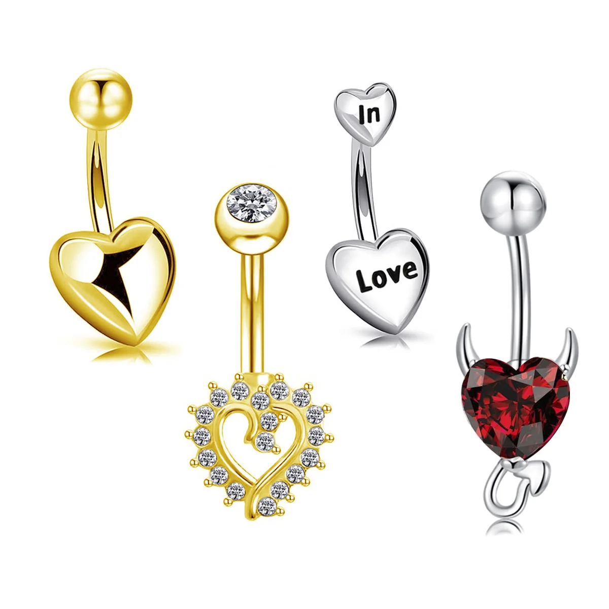 4pcs/set Surgical Steel Heart Belly Button Rings Stainless Steel Navel ...