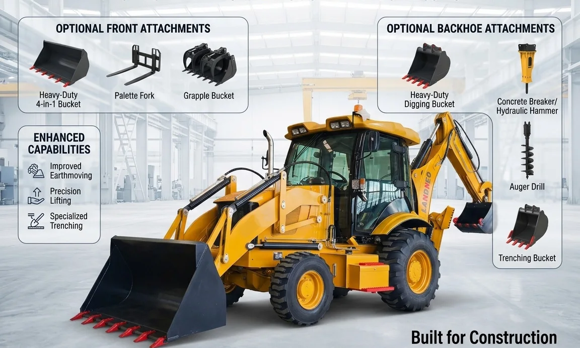 LANDNEO Diesel Backhoe Loader 4 Wheels Optional YUCHAI CUMMINS EURO3 EURO5 Engine 75KW Motor