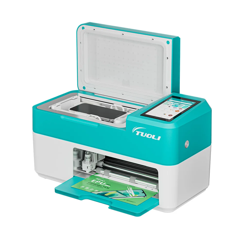 Side view of a compact manual screen protector applicator tray with smartphone placed inside