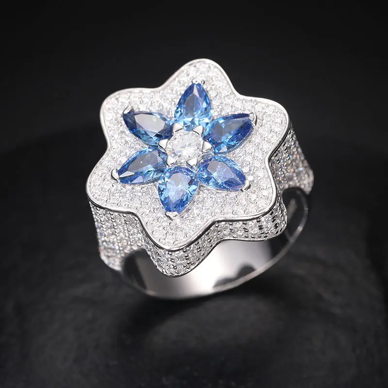 S925 Silver Moissanite Ring for Men Flower Shape with Super Flash Diamond Hip-Hop Style All-Match Natural Diamond Ring