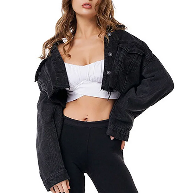 
Women Jean Denim Jaket Custom Crop Jacket Short Color Black Coat Boyfriend Jacket 
