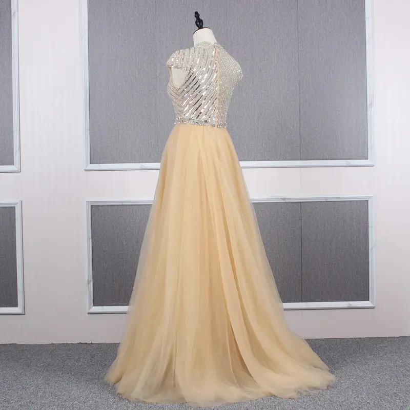 Gold Color High Neck Tulle Skirt Straight Beaded Crystal 2019 New