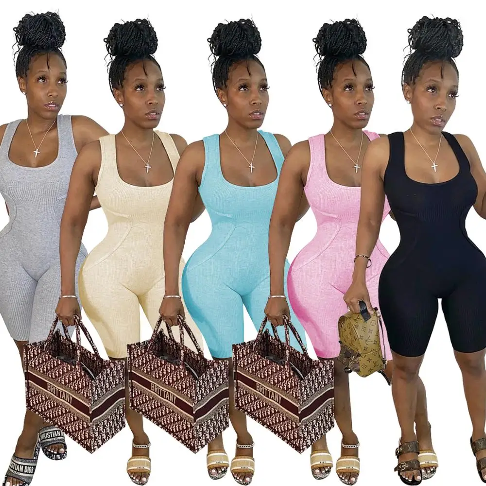 

in stock women sports jumpsuit drop shipping 2021 summer solid sports bodycon jumpsuit ribbed material, As pictures