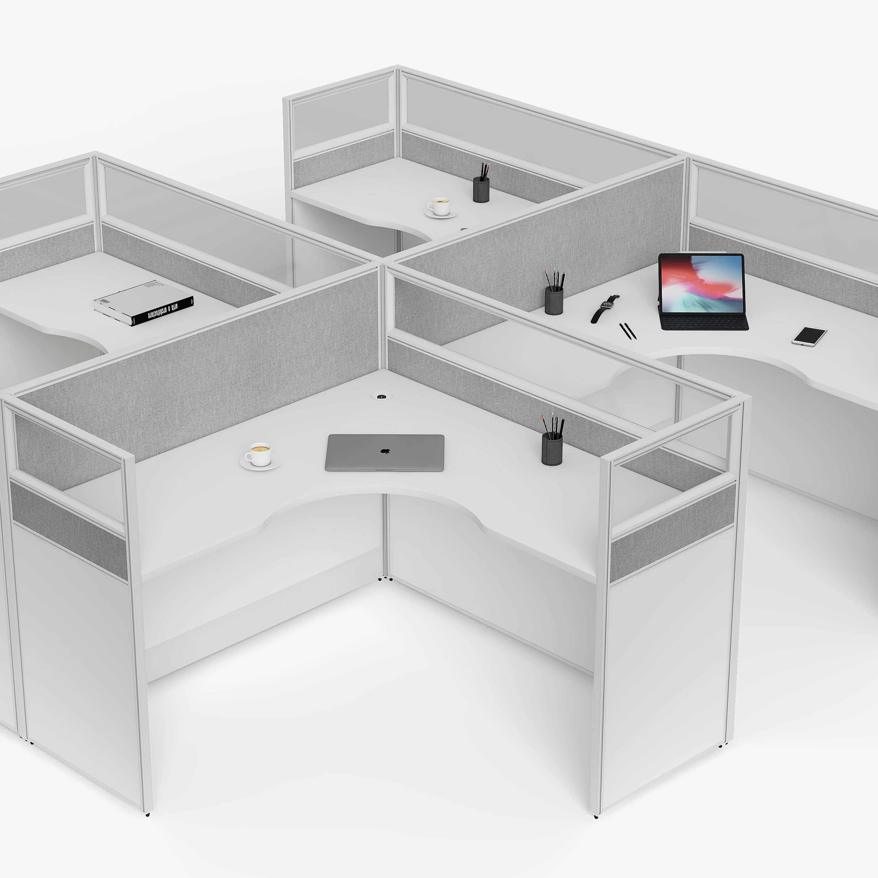 4 Person Aluminum L Shape Modern Cubicle Partition Desk Wood Table