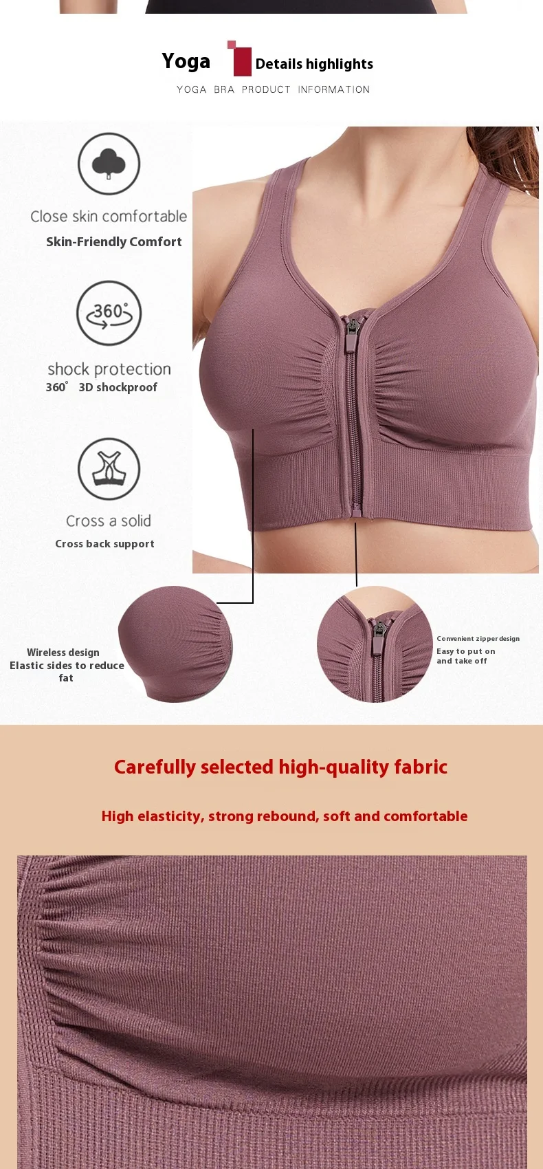 Women's Large Size Sports Bra for Running Yoga Fitness Shockproof Beautiful Hollow-out Back Front Zipper Wire-Free Solid Cup