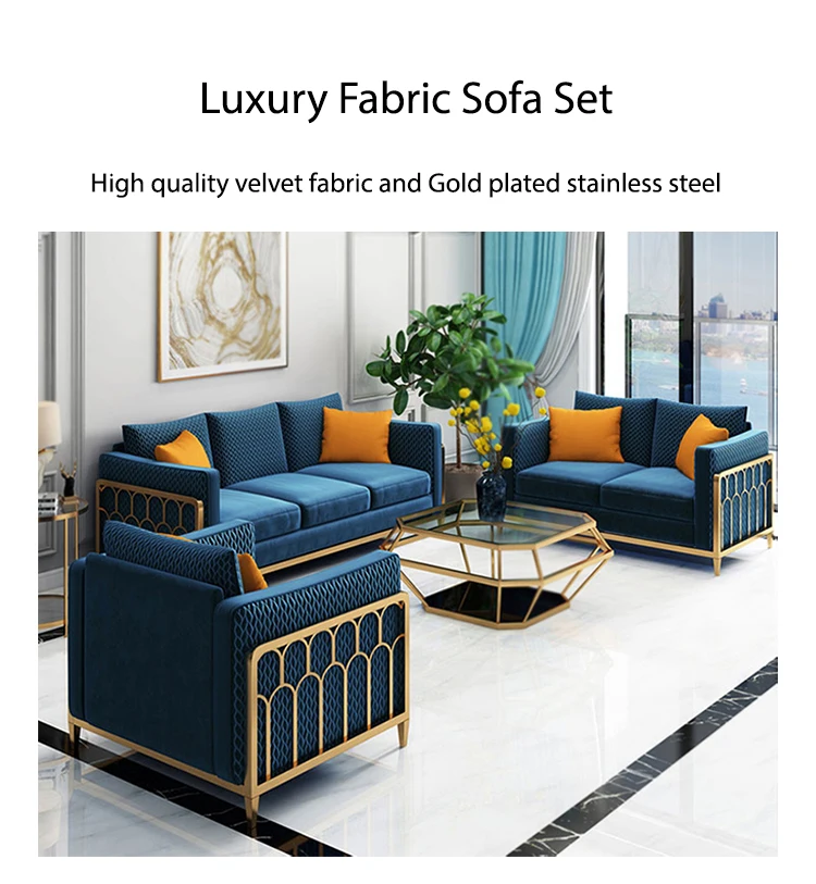 Modern Furniture Green Velvet Fabric Golden Living Room Sofa Luxury Design 6 Seaters Sofa Sets