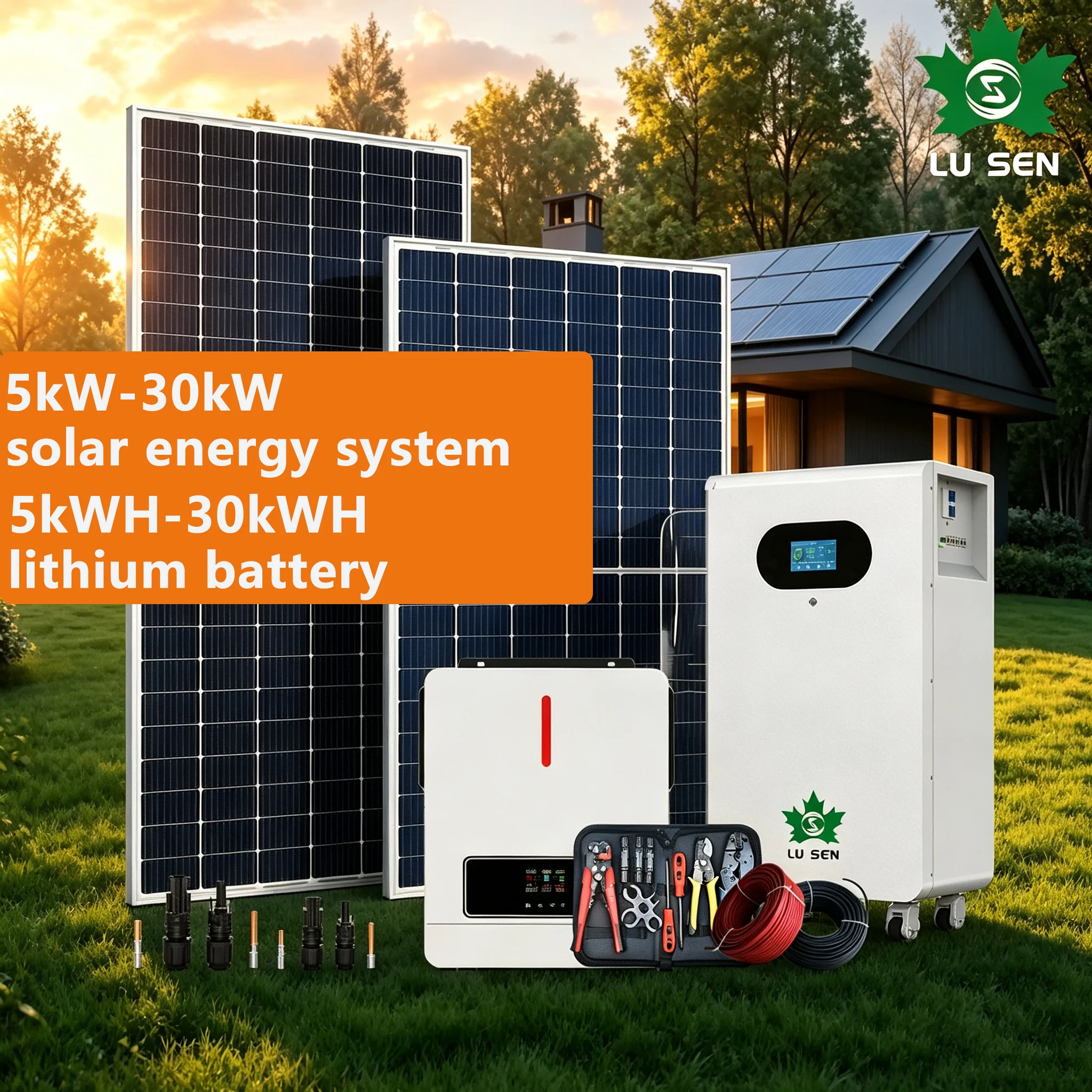 Sunchees 10kW off-grid solar generator kit with panels, inverter, and LFP batteries
