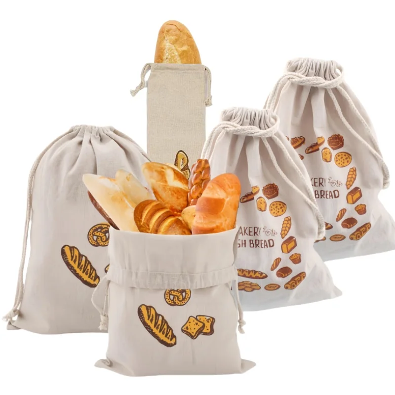 Custom 100% Cotton Linen Reusable Bread Bag & Baguette Bag Set Homemade Drawstring Sourdough Bread Bags for Food Storage Wrap manufacture
