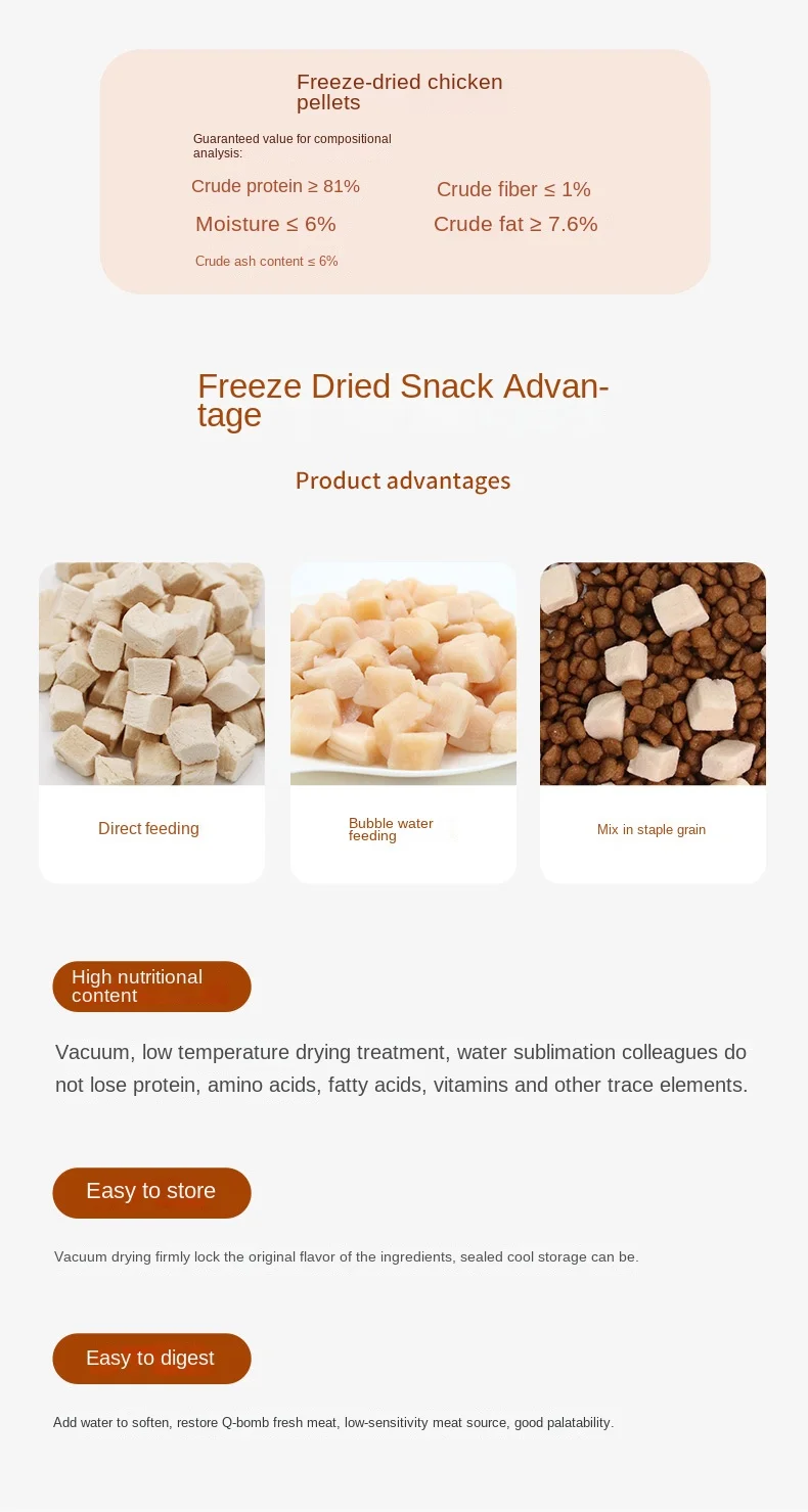 OEM Processing Custom Freeze Dried Pet Snacks with Chicken Duck Quail & Salmon Grains for Chickens Skin & Coat Health supplier