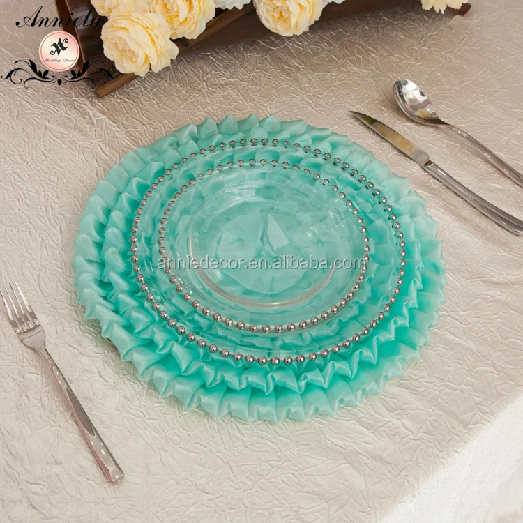 Round clear wedding gold glass charger plates wholesale silver beaded charger plates for table decorations