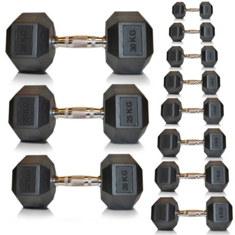 
factory direct hex rubber dumbbell set 
